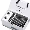 Men black white striped tie pocket square cufflinks gift set box business wedding accessory - SB10