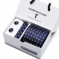 Mens blue tie pocket square and cufflinks gift set in elegant white box for business. - SB11