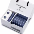 Men's blue checkered tie pocket square and cufflinks gift box set for business and formal events. - SB12