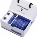 Mens blue geometric patterned tie pocket square and cufflinks gift set for business - SB17