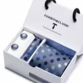Blue polka dot tie, pocket square and cufflinks gift set for men in a stylish white box. - SB19