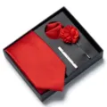 Set Regalo Cravatta Uomo Rossa con Pochette Fiore da Occhiello e Fermacravatta Variante - Rosso