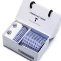 Men's blue checkered tie pocket square and cufflinks gift box set for business wedding. - SB23