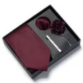 Elegante Set Cravatta Bordeaux Uomo in Scatola Regalo con Pochette Boutonnière Fermacravatta - Borgogna