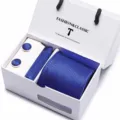 Blue striped tie set with pocket square and cufflinks in gift box, elegant formal wear accessories. - SB26