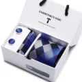Blue geometric striped necktie set with cufflinks and pocket square in a luxury white gift box. - SB27