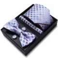 Heren blauw geometrisch stropdas vlinderdas manchetknopen pochet set in geschenkdoos. - WB243