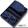 Coffret cravate nœud papillon pochette et boutons de manchette jacquard bleu pour homme. - WB171