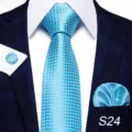 Set cravatta da uomo a quadri blu con fazzoletto da taschino e gemelli per abito elegante top - S24