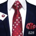 Set cravatta da uomo rosso bordeaux a pois con fazzoletto da taschino e gemelli eleganti. - S25
