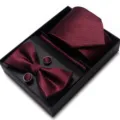 Bordeauxrode heren jacquard stropdas vlinderdas pochet en manchetknopen set variant koop - WB247