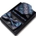 Heren blauwe geometrische jacquard das vlinderdas manchetknopen cadeau set doos. - WB248