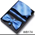 Coffret cravate homme motif vagues bleues avec nœud papillon pochettes et boutons de manchette. - WB174