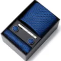 Ensemble de cravate motif bleu pour homme boite cadeau avec mouchoir boutons manchette - HB64