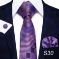 Set da cravatta da uomo a quadri viola con fazzoletto da taschino e gemelli per affari - S30