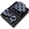 Blauwe Geometrische Ruit Jacquard Stropdas Strikje Pochet Manchetknopen Geschenkset - WB254