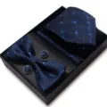 Luxe blauwe jacquard geometrische stropdas vlinderdas pochet manchetknopen cadeau - WB260