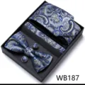 Coffret Cadeau Cravate Noeud Papillon Pochette Boutons de Manchette Paisley Bleu pour Homme Chic - WB187