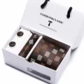 Brown checkered silk tie pocket square and cufflinks gift set for men wedding business attire - SB28