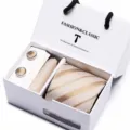 Men gift set striped tie pocket square cufflinks gold white variant for business wedding formal wear. - SB31