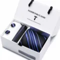 Men's blue striped tie, pocket square and cufflink gift box set for business formal wear. - SB33