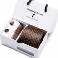 Men's brown patterned tie, pocket square and cufflinks gift box set for business and formal events. - SB34