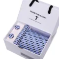 Blue striped tie gift set with pocket square and cufflinks in luxury white gift box packaging. - SB36