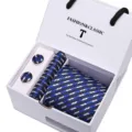 Men's blue striped tie pocket square cufflinks gift set for business wedding and formal wear. - SB38