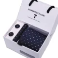 Men blue polka dot tie set with cufflinks pocket square in gift box for wedding business - SB42