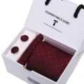 Red and black polka dot tie gift set with pocket square and cufflinks for formal wedding suits. - SB44