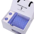 Men's blue polka dot tie pocket square cufflinks set in elegant white gift box packaging. - SB45