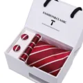 Red striped men necktie set with pocket square and cufflinks in luxury gift box variant. - SB46