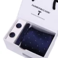 Mens classic dark blue striped polka dot tie cufflinks gift box set for business wedding. - SB50