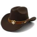 Gedetailleerd uitzicht op bruine cowboyhoed met decoratieve hart strass gesp en geweven band. - Eén maat / koffiekleur