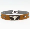 Detailed view of western cowboy hat band featuring a metal bull skull and turquoise stones. - Style 1