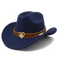 Klassischer dunkelblauer Western-Cowboyhut mit stylischem braunen Schmuckband und Herzschnalle. - Einheitsgröße / Dunkelblau
