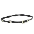 Detailed close-up view of black wavy skinny belt with vintage silver metal diamond studs. - 4#