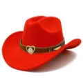Roter Filz Western Cowboy Hut mit braunem Band, goldener Herz Strass Schnalle und breiter Krempe. - Einheitsgröße / Rot