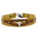 Vintage wide leather hat band with silver bull skull ornament, adjustable lace-up back design. - 5#
