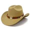 Kaki western cowboy vilt hoed met strass hart gesp, brede rand en stijlvolle decoratieve band. - Eén maat / camel
