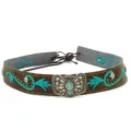 Detailed view of western cowboy hat band, brown leather with turquoise embroidery and buckle. - 10#