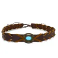 Closeup detail of brown leather braided hat band with turquoise stone vintage metal buckle. - 11#