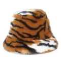 Fuzzy tiger print bucket hat for autumn and winter, stylish plush warm fisherman hat. - One Size / Orange Brown Tiger Print (A)