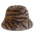 Faux fur tiger stripe bucket hat detail, fluffy winter warm plush hat close-up view. - One Size / Brown Black Tiger Print (B)