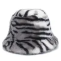 Cozy winter tiger stripe bucket hat, soft fluffy plush faux fur cap for women, warm fashion. - One Size / Grey White Tiger Print (C)