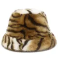 Close-up detail of the fluffy plush tiger pattern bucket hat, soft autumn winter fashion cap. - One Size / Dark Brown White Tiger Print (D)