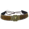 Detailed shot of vintage brown leather hat band with bull buckle and metal rivets design. - 14#