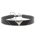 Black leather hat band with silver metal studs and detailed bull head charm for western cowboy hats. - 15#