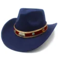 Detailed view of the blue wool felt western cowboy hat with vintage rolled brim and ethnic band. - One Size / Dark Blue