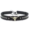 Detailed view of black leather cowboy hat band featuring metal bull head and silver rivets. - 20#